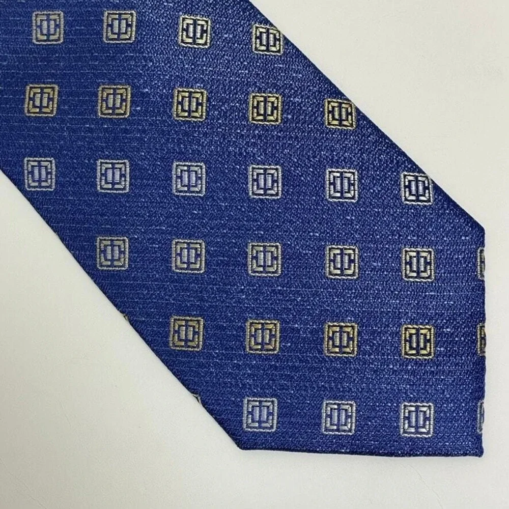 Pronto Uomo Platinum Designer Necktie Silk Blue Pewter‎ Gold Squares Tie